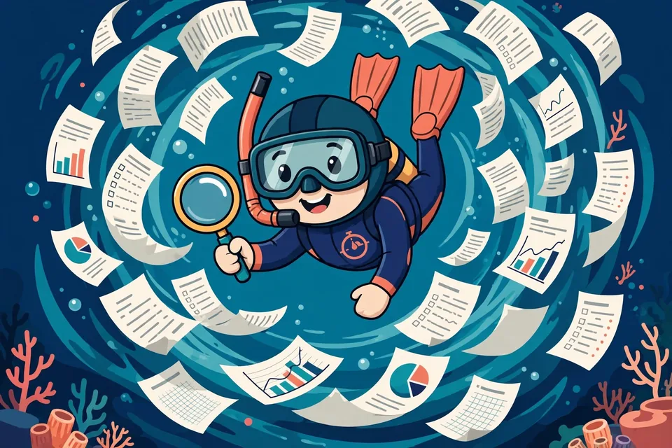 Deep Dives On Demand diver mascot swimming through paperwork